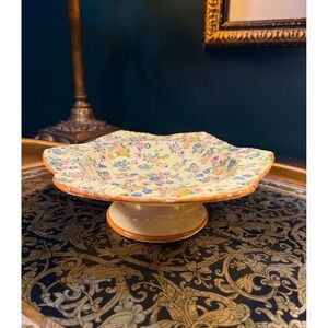 Vintage Japan Pedestal Compote Dish – 1940s Chintz Floral Footed Bowl, 9.5"